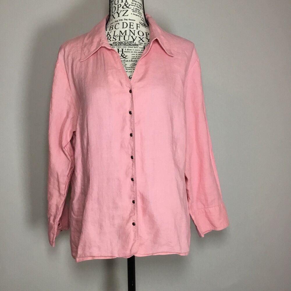 100% linen pink shirt small popper buttons front & cuff western vintage boho L